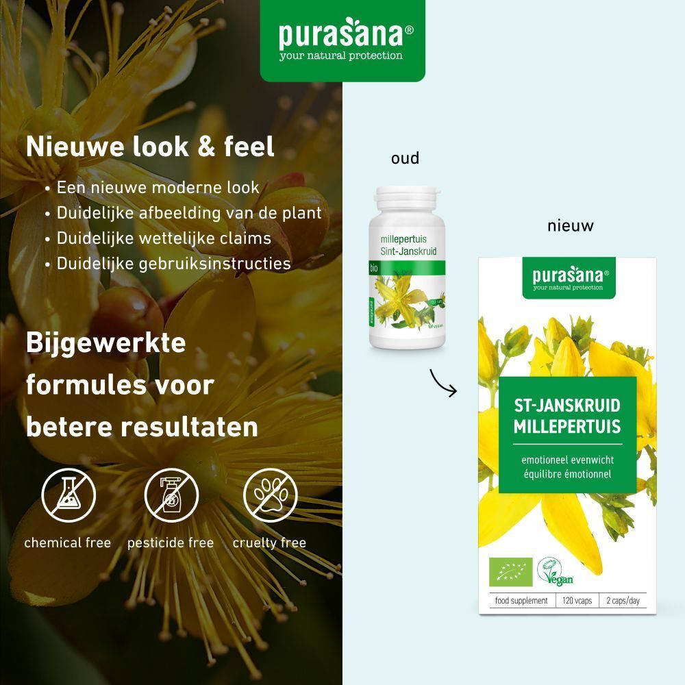 Vergelijking oude en nieuwe verpakking. Opschrift: ST-JANSKRUID MILLEPERTUIS. Vegan label. Tekst: chemical free, pesticide free, cruelty free.