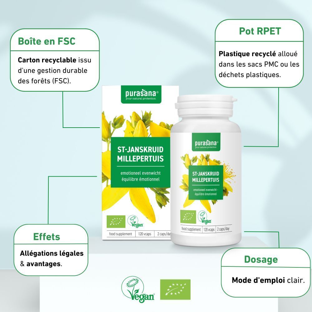 Emballage et flacon. Inscription: ST-JANSKRUID MILLEPERTUIS. Label vegan. Textes: Boîte en FSC, Pot RPET, Dosage.