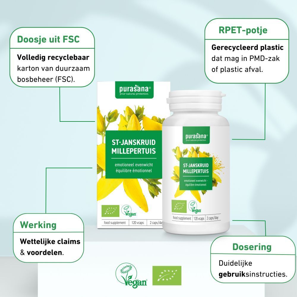 Verpakking en fles. Opschrift: ST-JANSKRUID MILLEPERTUIS. Vegan label. Teksten: Doosje uit FSC, RPET-potje, Dosering.