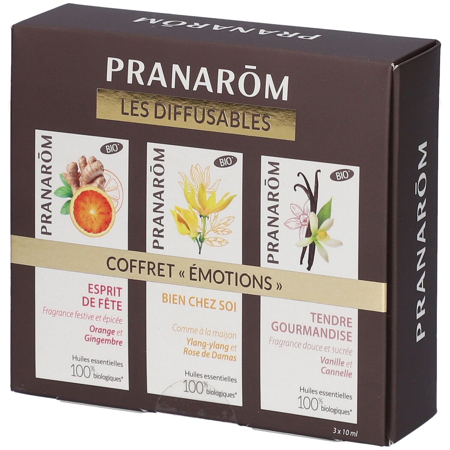 Bruine doos met drie kleine dozen. Opschrift: Pranarôm Les Diffusables. Bio-certificering.