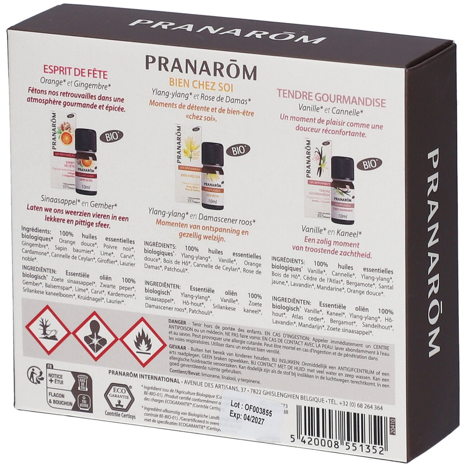 Achterkant van de bruine doos. Opschrift: Pranarôm. Ingrediënten en waarschuwingen. Bio-certificering.