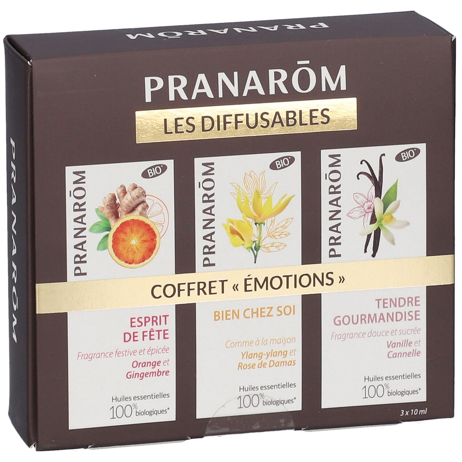 Bruine doos met drie kleine dozen. Opschrift: Pranarôm Les Diffusables. Bio-certificering.