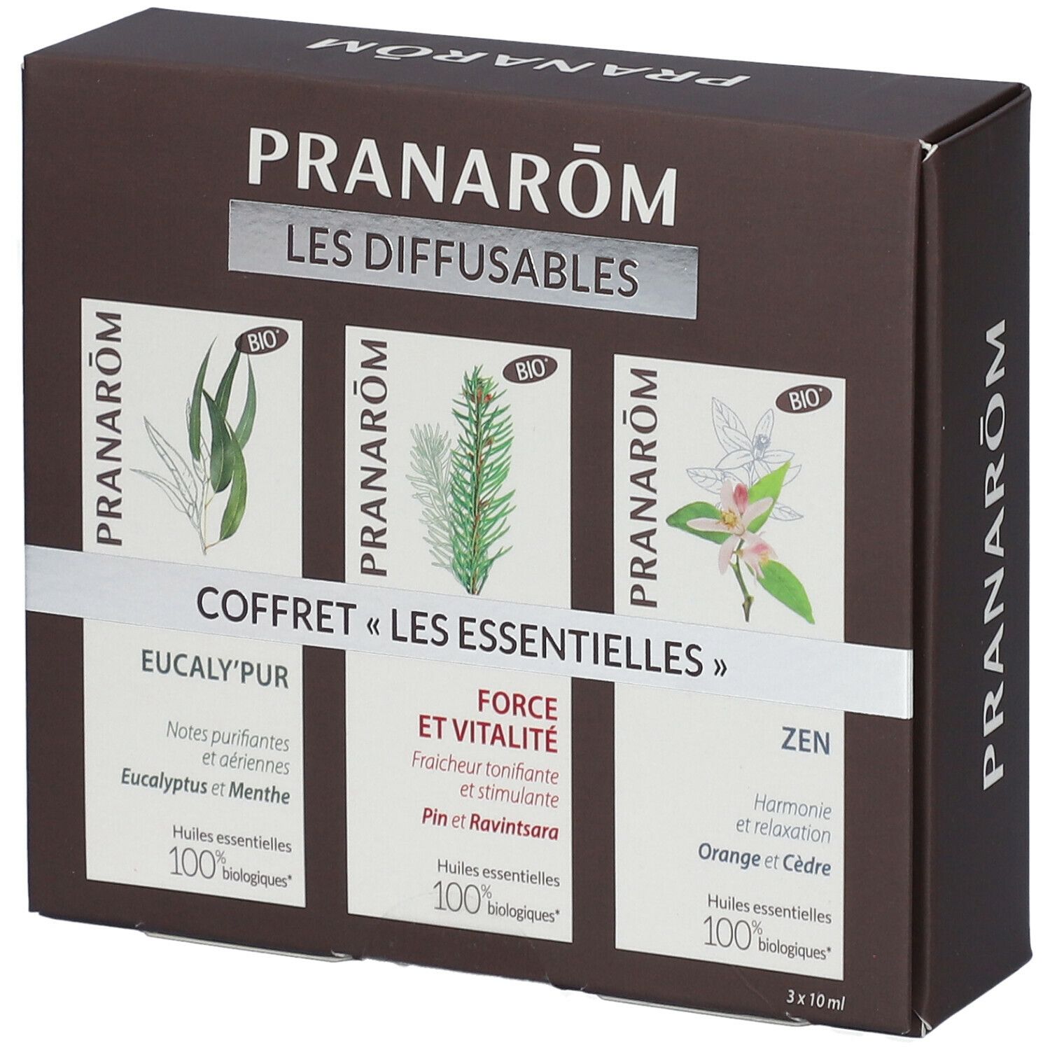 Boîte marron avec nom de produit et trois visuels. Texte : "Les Diffusables", "Coffret Les Essentielles".