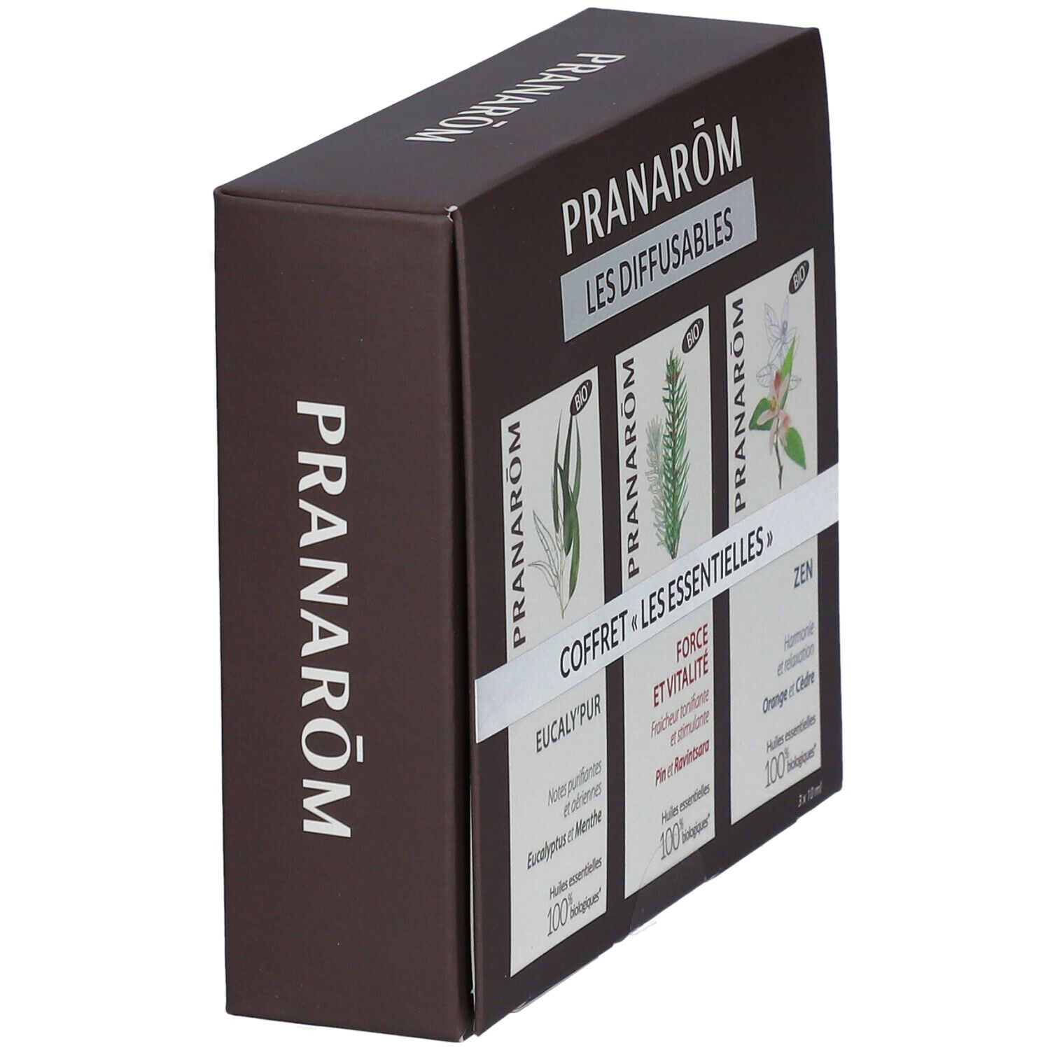 Boîte marron, vue en biais. Nom du produit et trois visuels visibles. Texte : "Les Diffusables", "Coffret Les Essentielles".