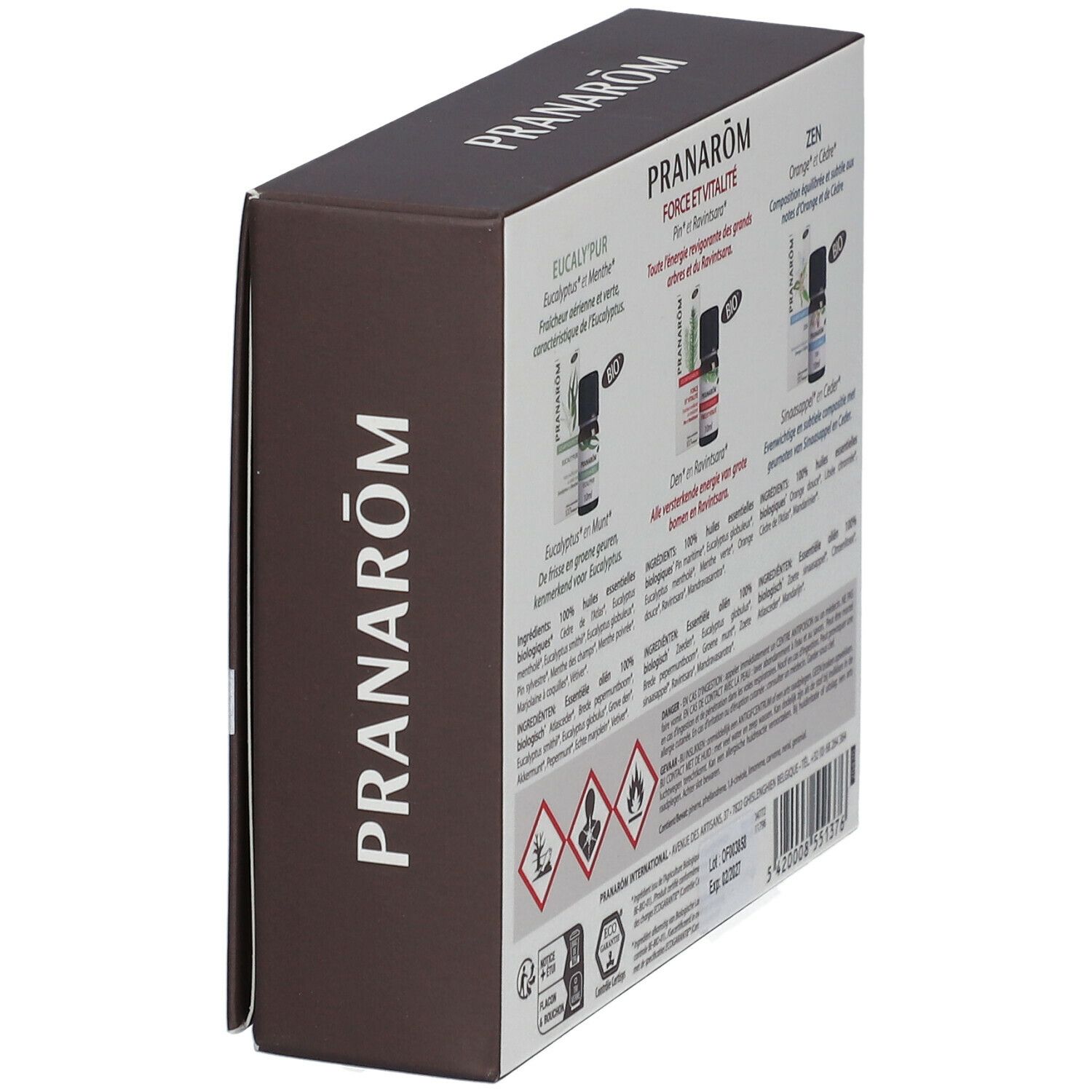 Boîte marron, vue en biais arrière. Nom du produit et informations visibles. Texte : "Les Diffusables", "BIO", symboles d'avertissement.