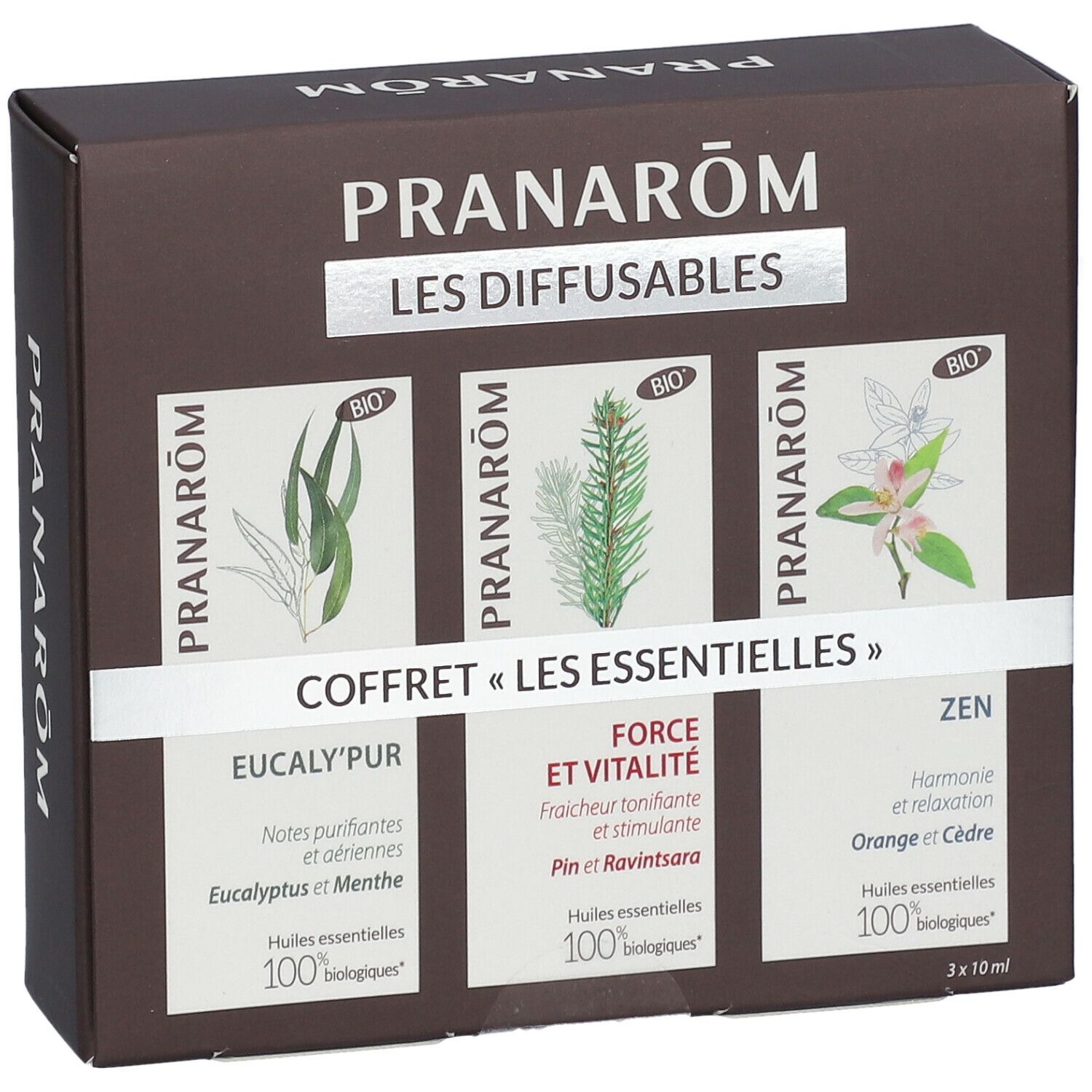 Boîte marron avec nom de produit et trois visuels. Texte : "Les Diffusables", "Coffret Les Essentielles". Label BIO.