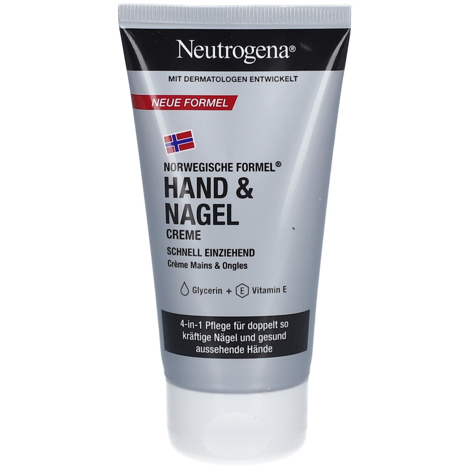 Hand- und Nagelcreme-Tube. Graue Tube mit weißem Deckel. Text: Neutrogena, Norwegische Formel, Hand & Nagel Creme.