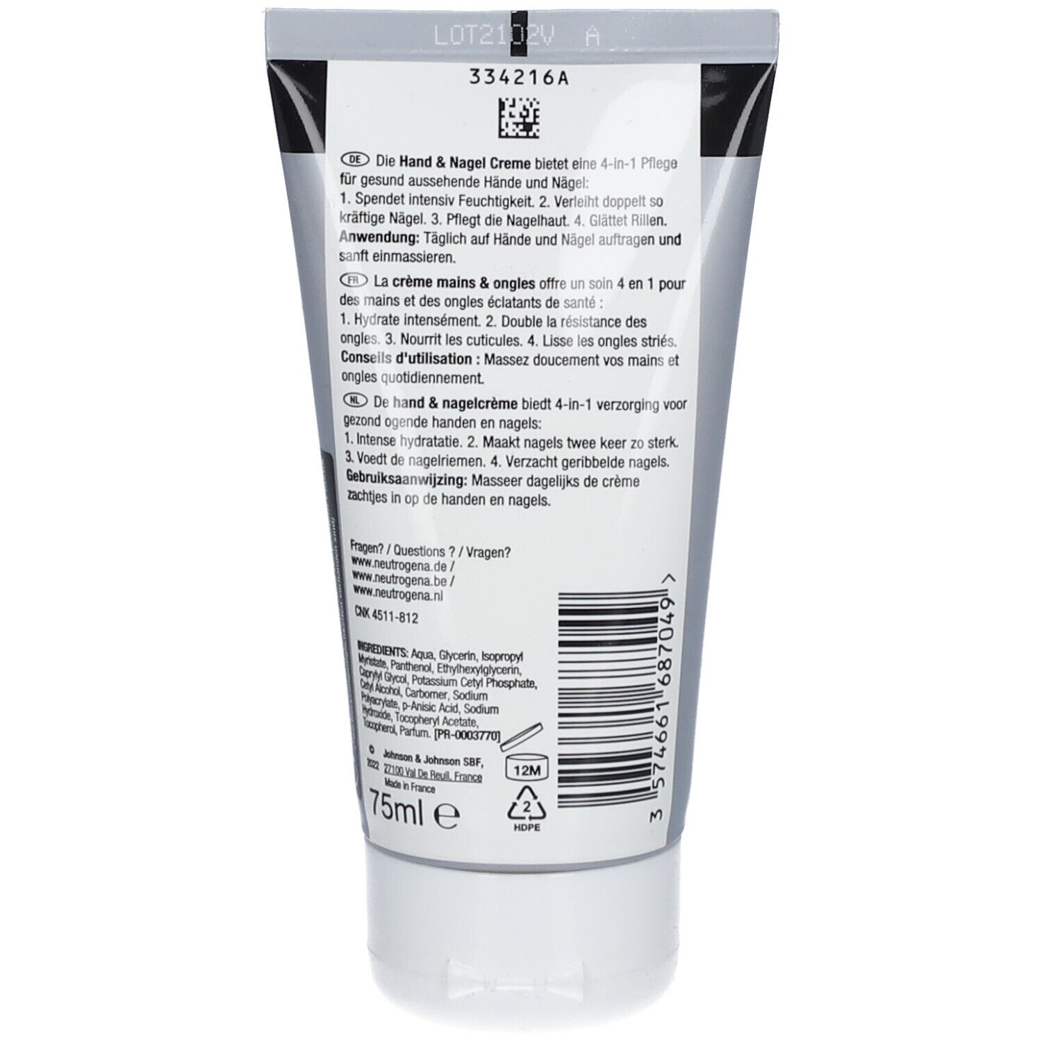 Rückseite der Hand- und Nagelcreme-Tube. Text: Inhaltsstoffe, Anwendungshinweise, Herstellerinformationen, 75ml.