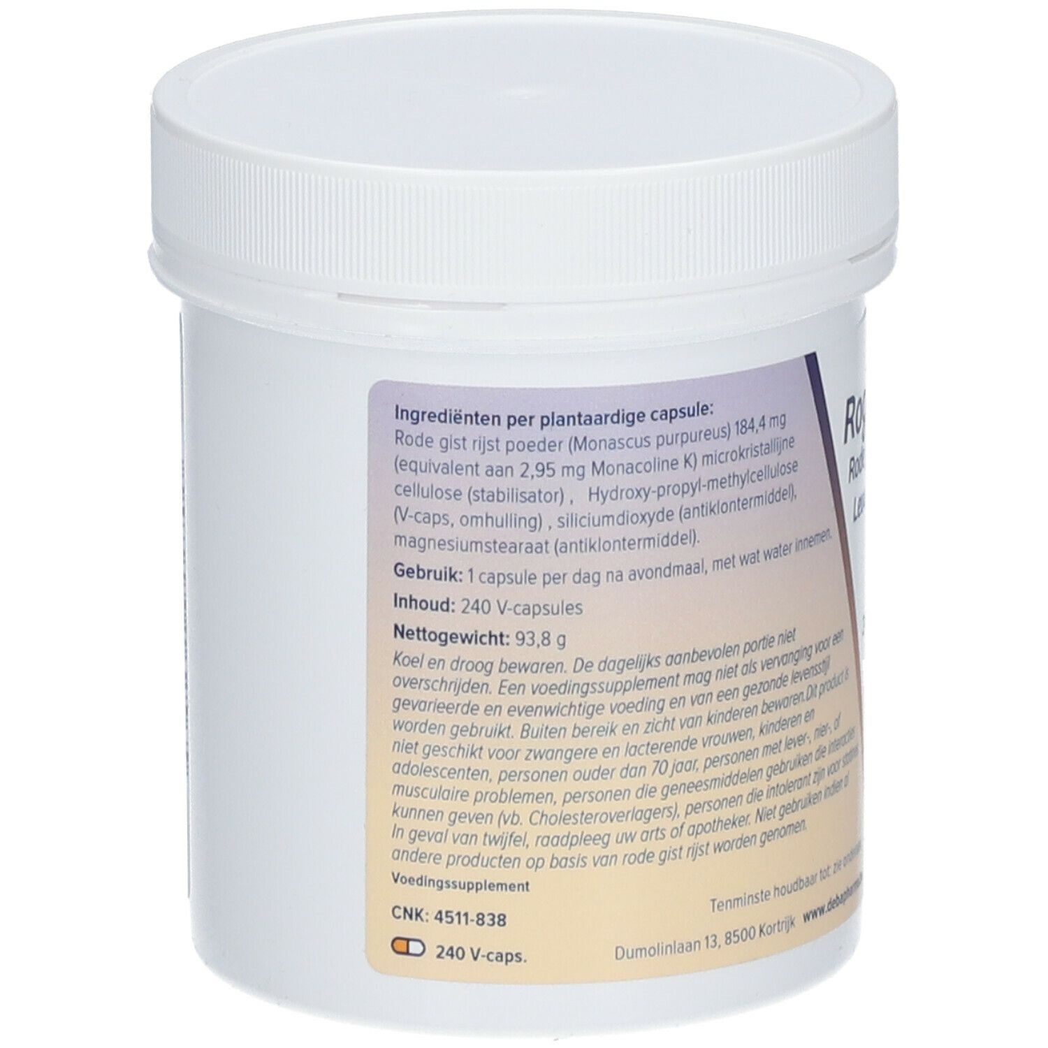 Witte pot met label. Ingrediëntenlijst, 240 V-caps. CNK-code. DeBa Pharma logo.