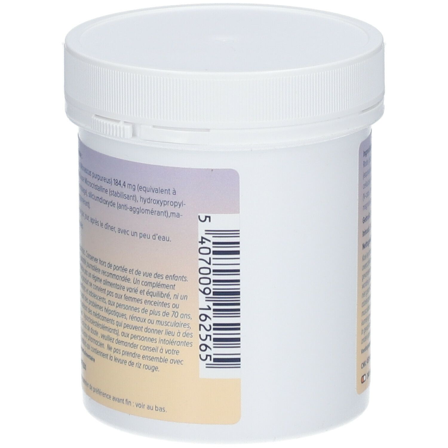 Witte pot, zijaanzicht met label. Streepjescode en tekst. DeBa Pharma logo.