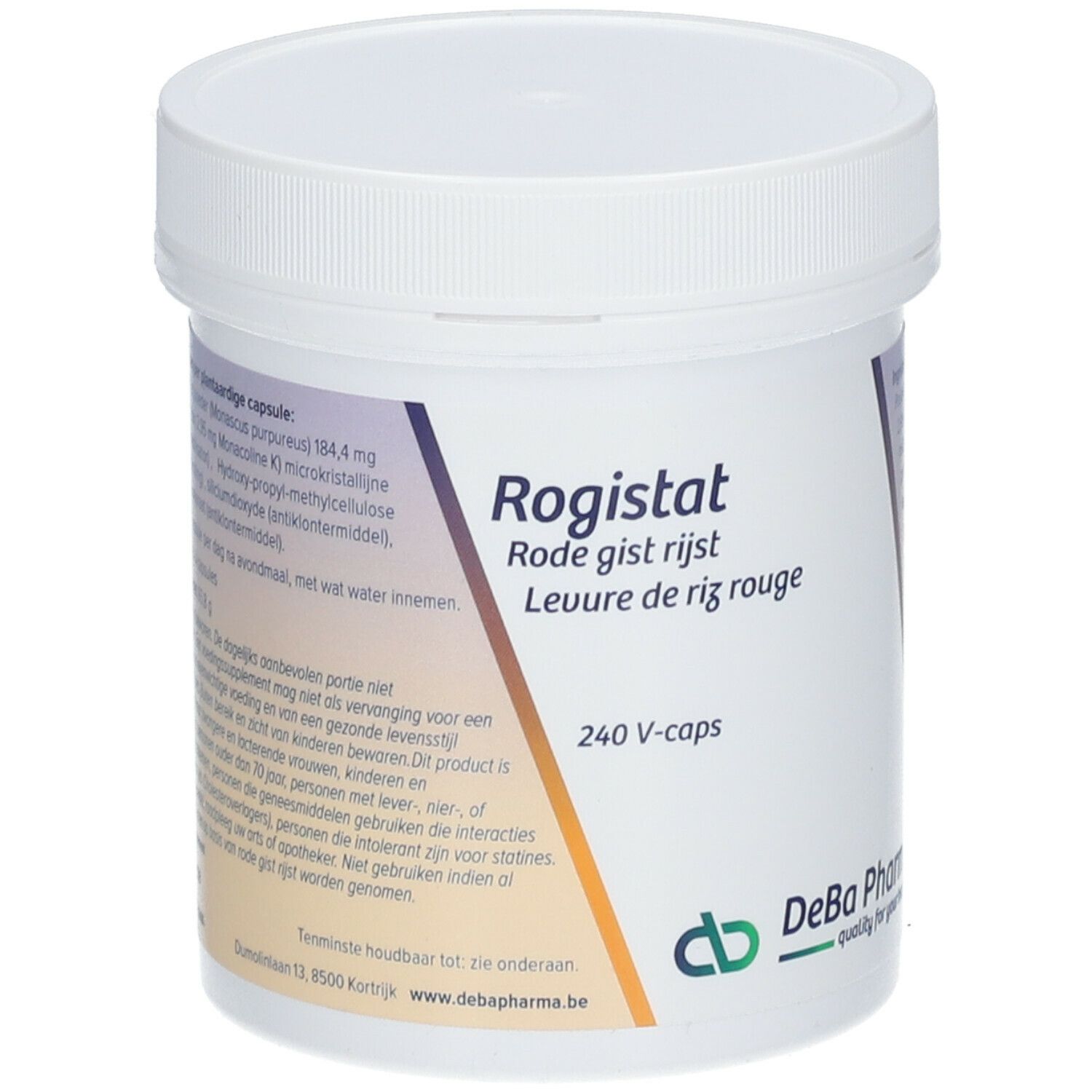 Witte pot met Rogistat-label. Opschrift: Rote Gist Rijst, 240 V-caps. DeBa Pharma logo.