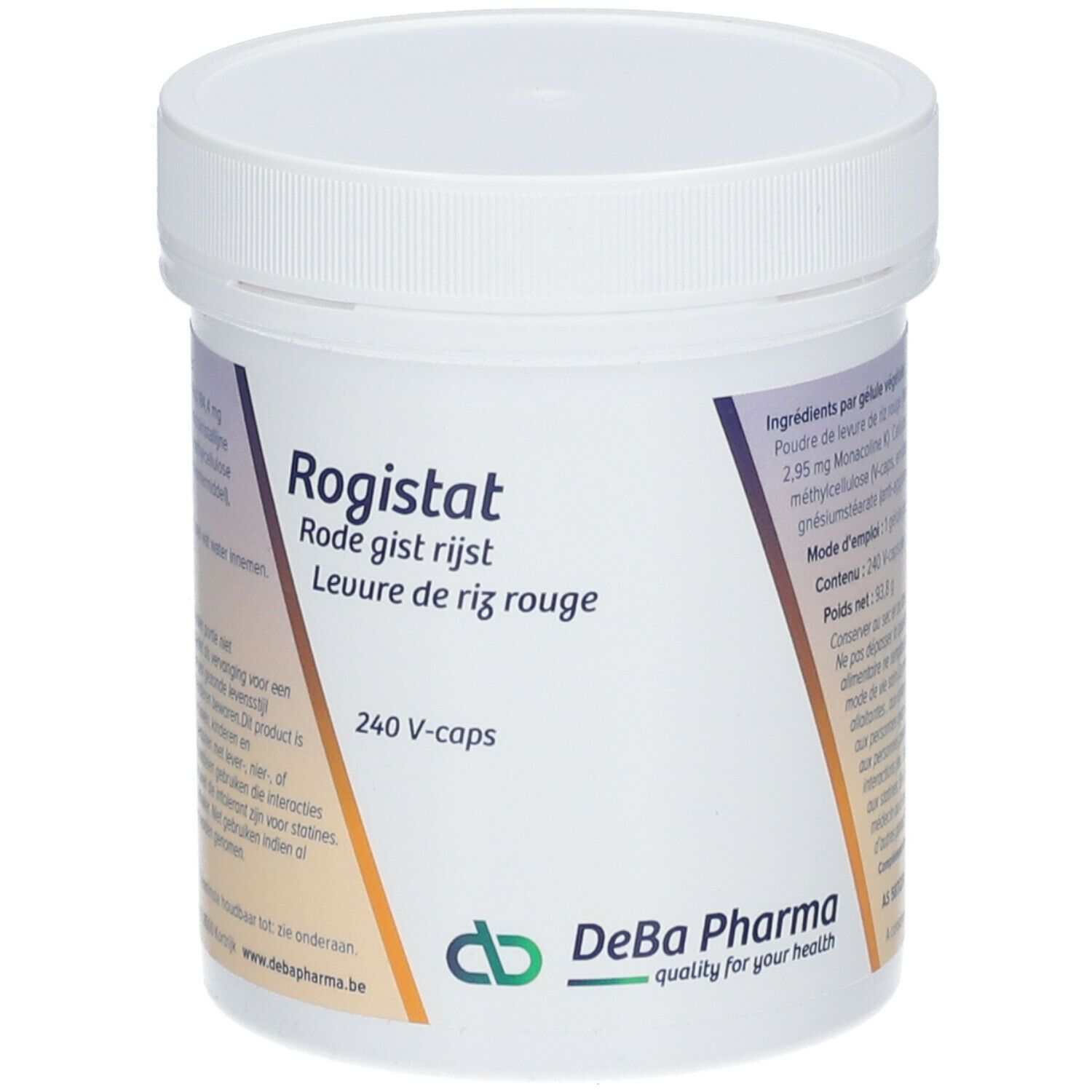 Witte pot met Rogistat-label. Opschrift: Rote Gist Rijst, 240 V-caps. DeBa Pharma logo.