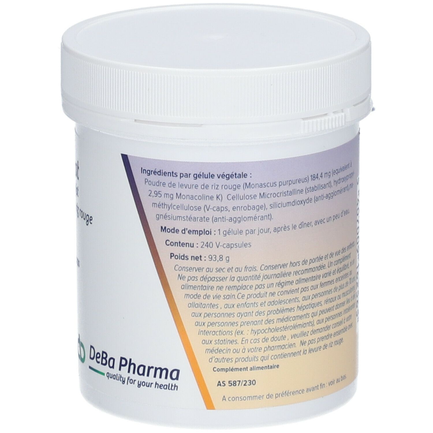 Witte pot met label. Ingrediëntenlijst, 240 V-caps. DeBa Pharma logo.