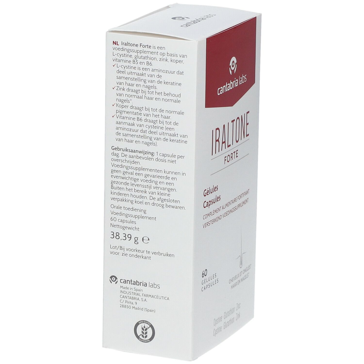 Boîte blanche et rouge. Inscription: Iraltone Forte, 60 gélules. Détail du côté. Contient cystine, glutathion, zinc.