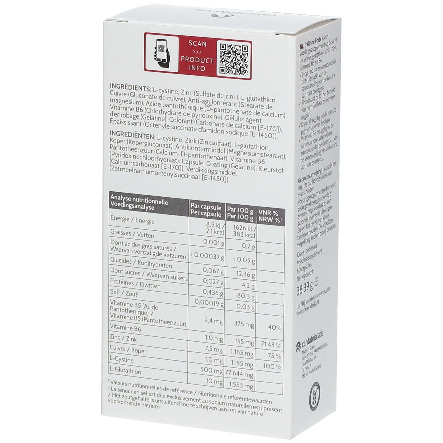 Dos de la boîte blanche. Informations sur les ingrédients, analyse nutritionnelle et QR code. Poids: 38,39 g.