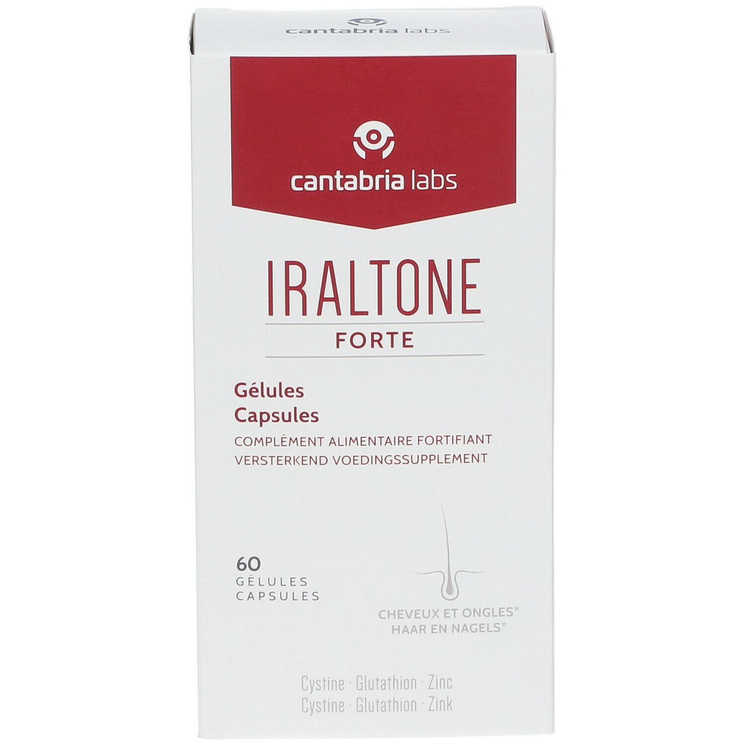Boîte blanche et rouge. Inscription: Iraltone Forte, 60 gélules. Contient cystine, glutathion, zinc. Complément alimentaire.