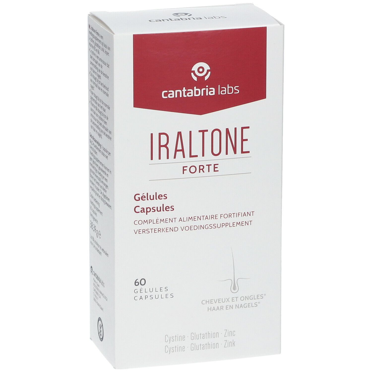 Boîte blanche et rouge. Inscription: Iraltone Forte, 60 gélules. Contient cystine, glutathion, zinc. Complément alimentaire.