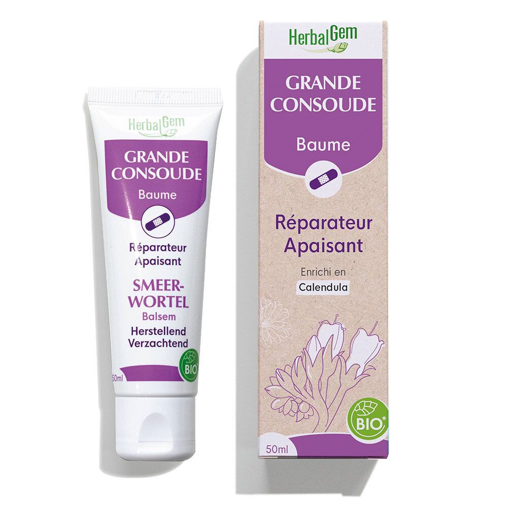 Tube et boîte. Inscription: Grande Consoude Baume. Avec logo bio. 50ml.