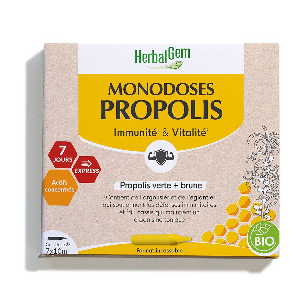 Boîte HerbalGem Monodoses Propolis Bio. Ampoules jaunes, 7 unités. Certification bio.