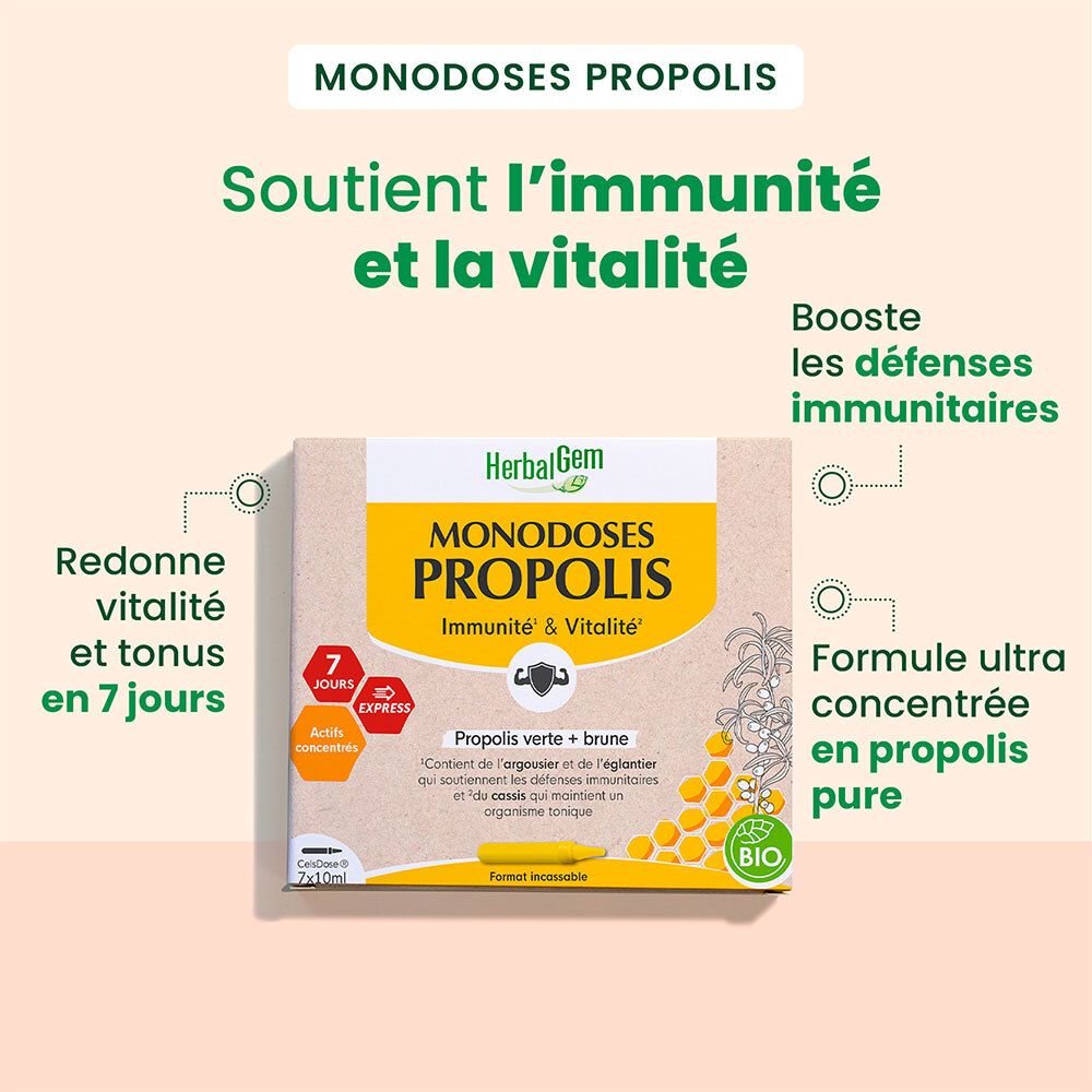 Présentation produit HerbalGem Monodoses Propolis Bio. Texte : Immunité & Vitalité. Certification bio.