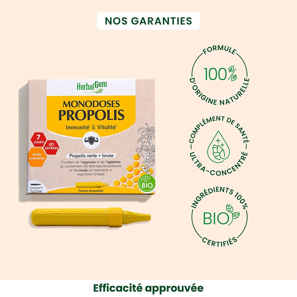 Emballage produit et ampoule jaune. Texte : HerbalGem, Monodoses Propolis Bio. Certifications bio.