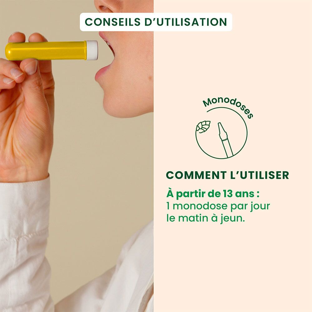 Personne prend une ampoule jaune. Texte : Monodoses. Utilisation à partir de 13 ans.
