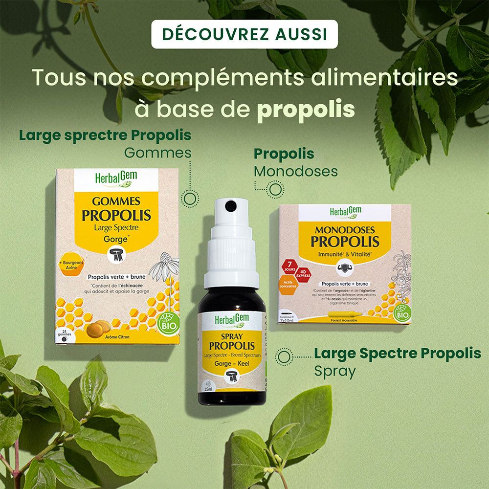 Aperçu des produits HerbalGem Propolis. Monodoses, spray, gommes. Certification bio.