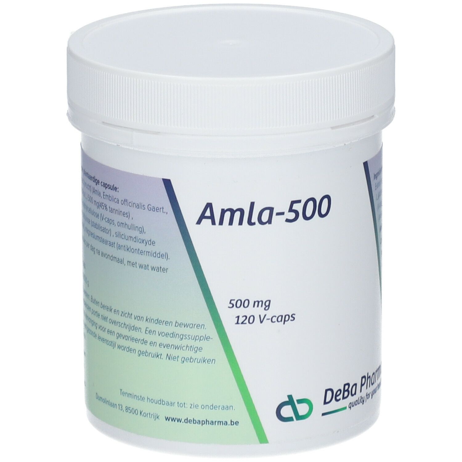 Weiße Dose mit Aufschrift Amla-500, 500 mg, 120 V-caps. DeBa Pharma Logo. Grün-weißer Hintergrund.