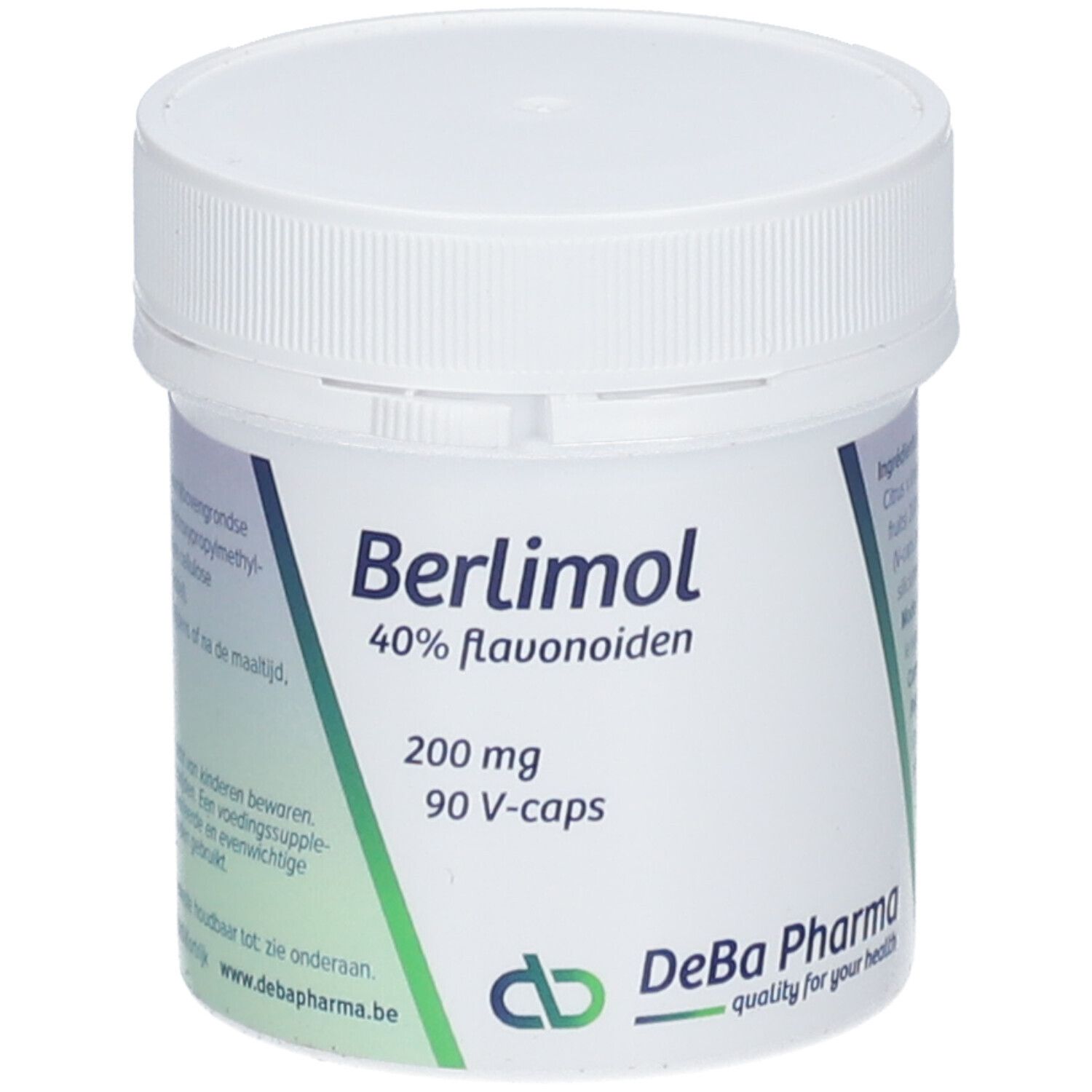 Witte pot met schroefdop. Opschrift: Berlimol, 40% flavonoïden, 200 mg, 90 V-caps. DeBa Pharma logo.
