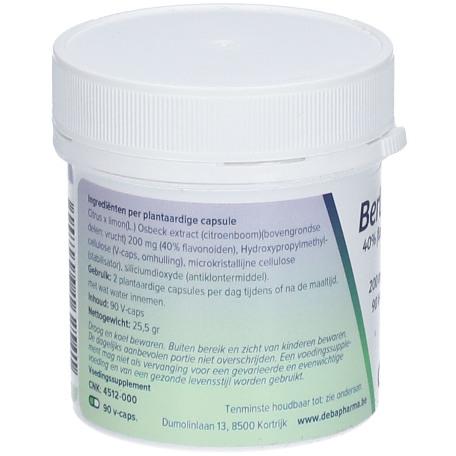 Achterkant van de witte pot. Tekst: Ingrediënten, 90 V-caps, nettogewicht 25,5 g. DeBa Pharma. CNK 4512-000.
