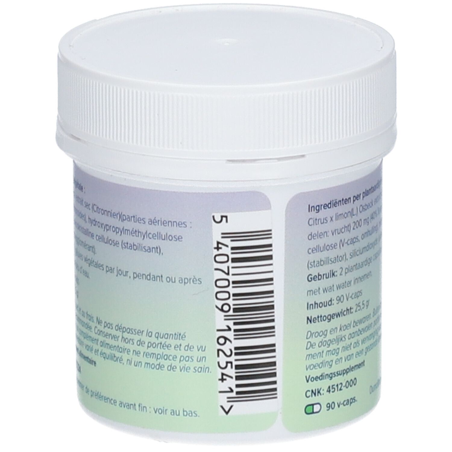 Achterkant van de witte pot. Tekst: Ingrediënten, 90 V-caps, nettogewicht 25,5 g. DeBa Pharma. CNK 4512-000. EAN-code.