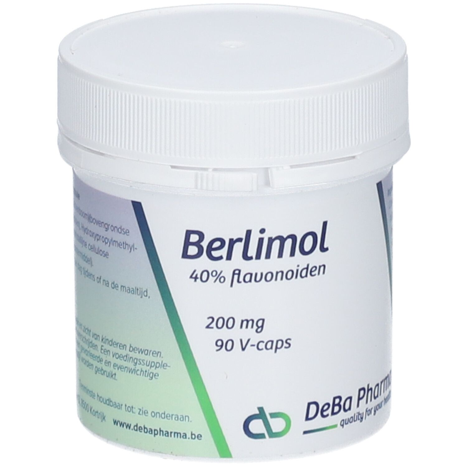Witte pot met schroefdop. Opschrift: Berlimol, 40% flavonoïden, 200 mg, 90 V-caps. DeBa Pharma logo.
