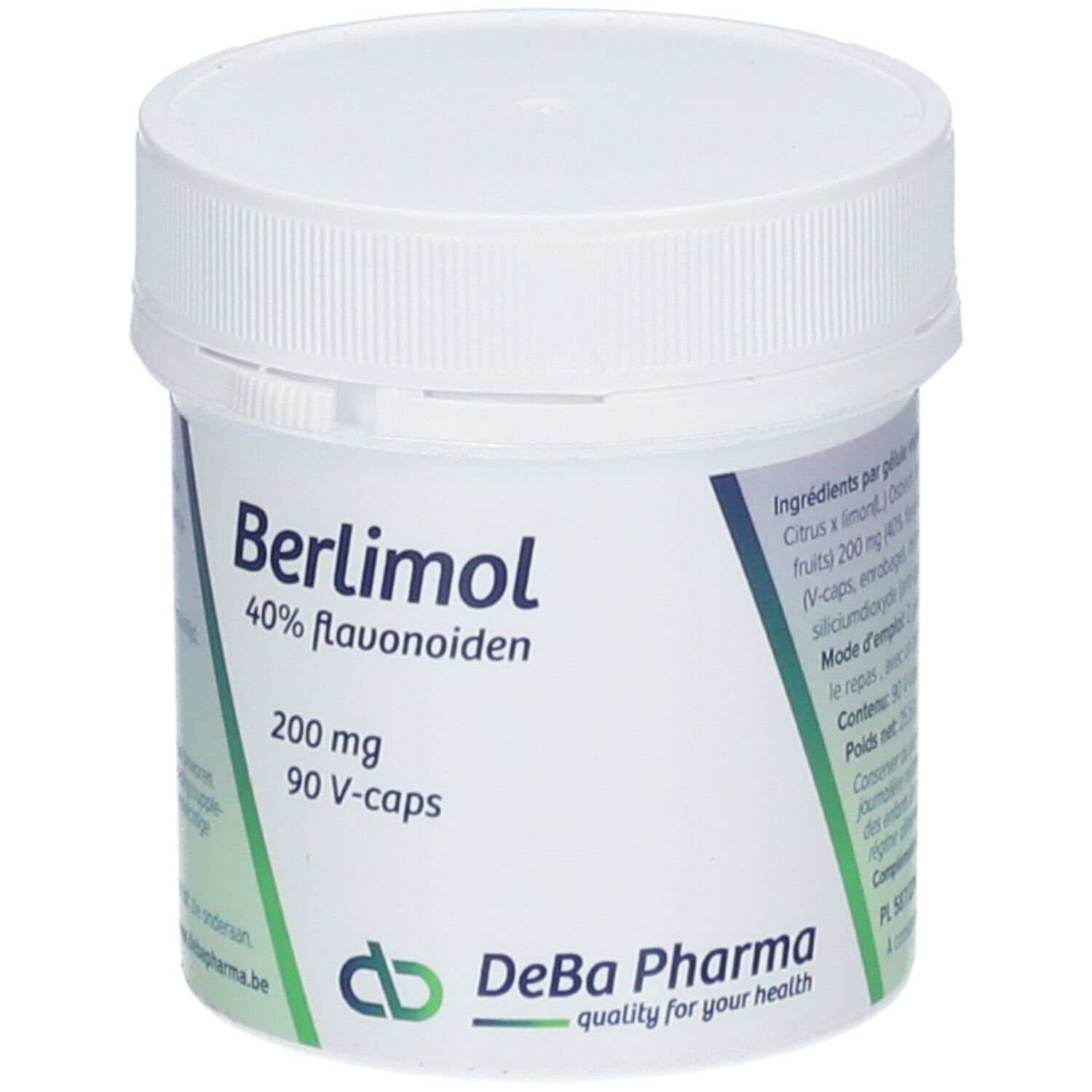 Witte pot met schroefdop. Opschrift: Berlimol, 40% flavonoïden, 200 mg, 90 V-caps. DeBa Pharma logo.
