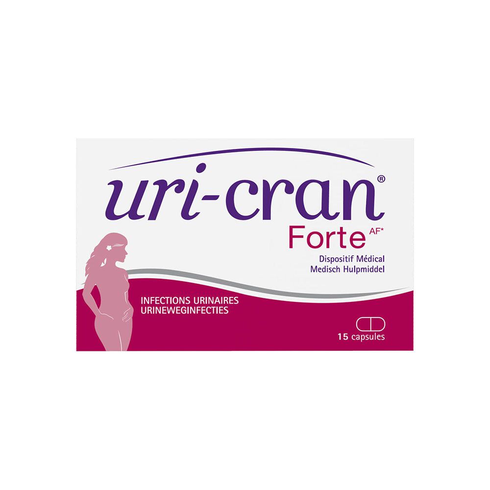 Boîte de Uri-Cran Forte. Blanche, accents violets et roses. Contient 15 capsules. Texte : Infections urinaires.