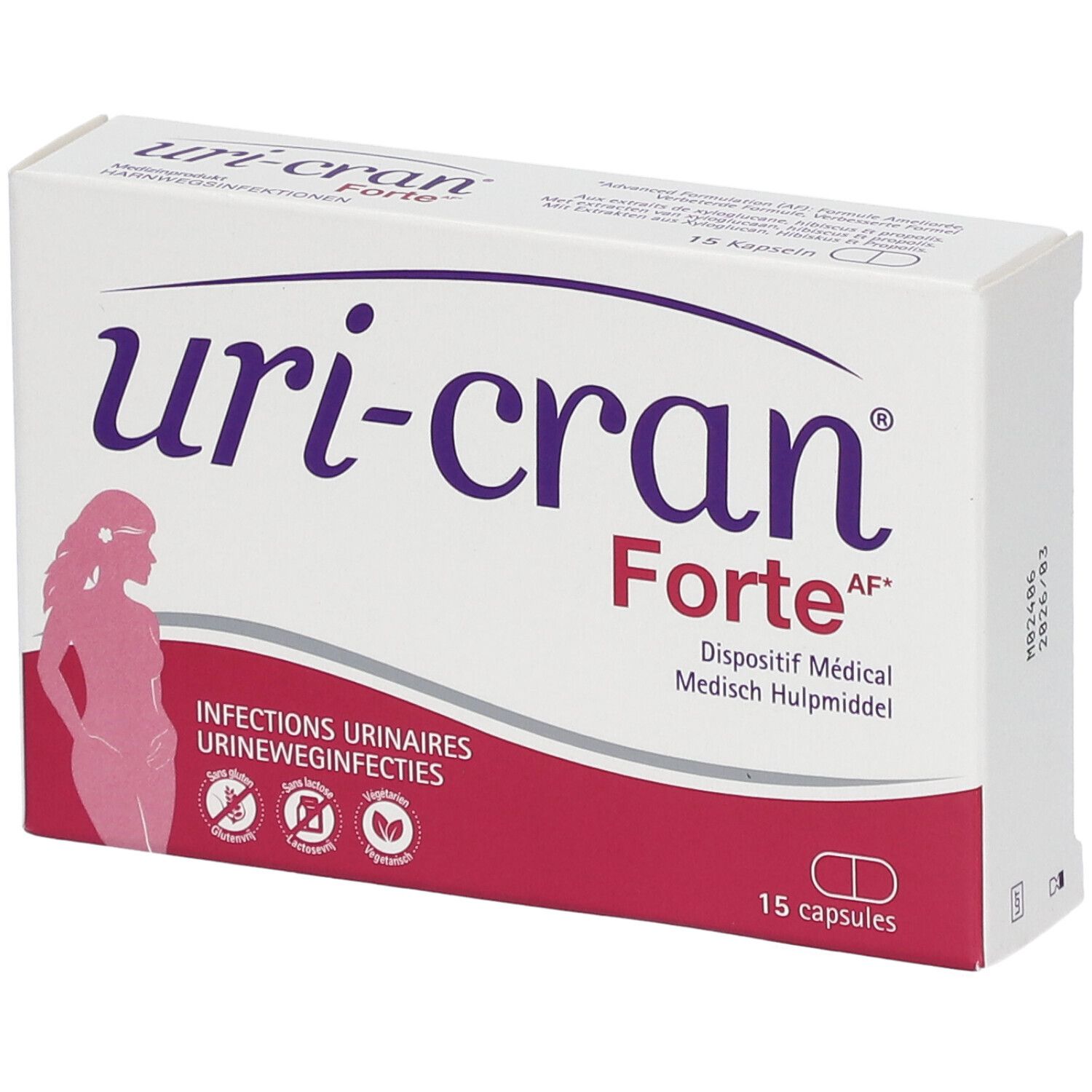 Boîte de Uri-Cran Forte. Blanche, accents violets et roses. Contient 15 capsules. Texte : Infections urinaires.