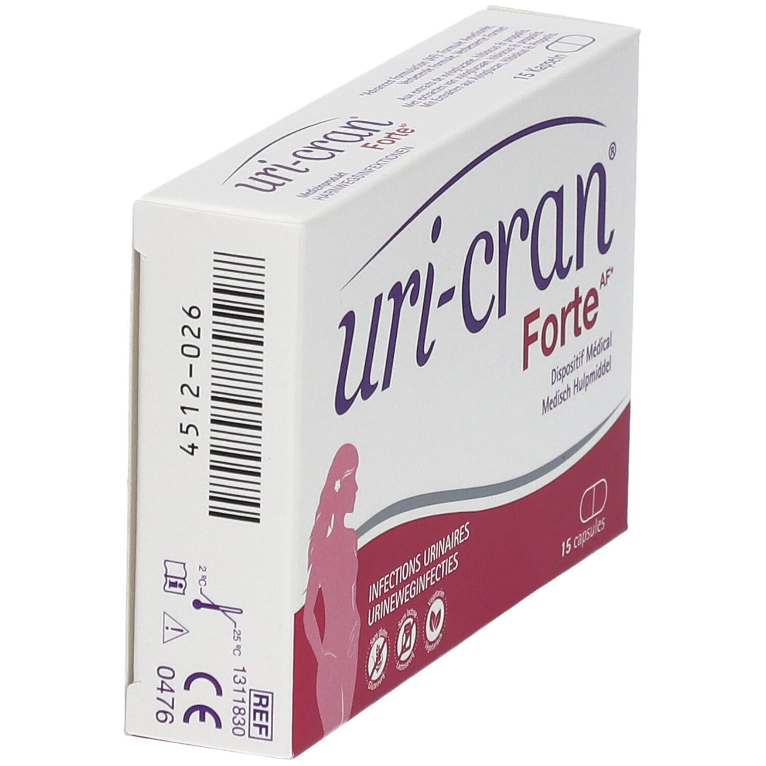 Boîte de Uri-Cran Forte. Vue en biais. Blanche, accents violets et roses. Contient 15 capsules.