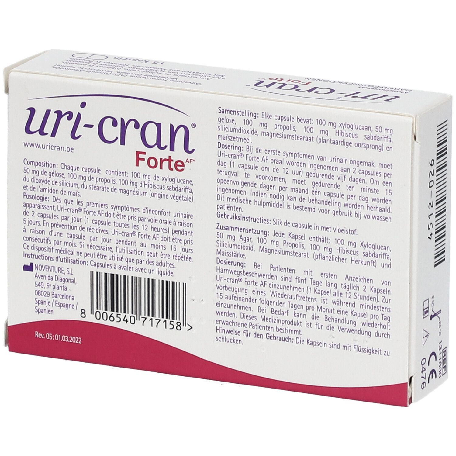 Dos de la boîte Uri-Cran Forte. Texte en plusieurs langues. Ingrédients et posologie.