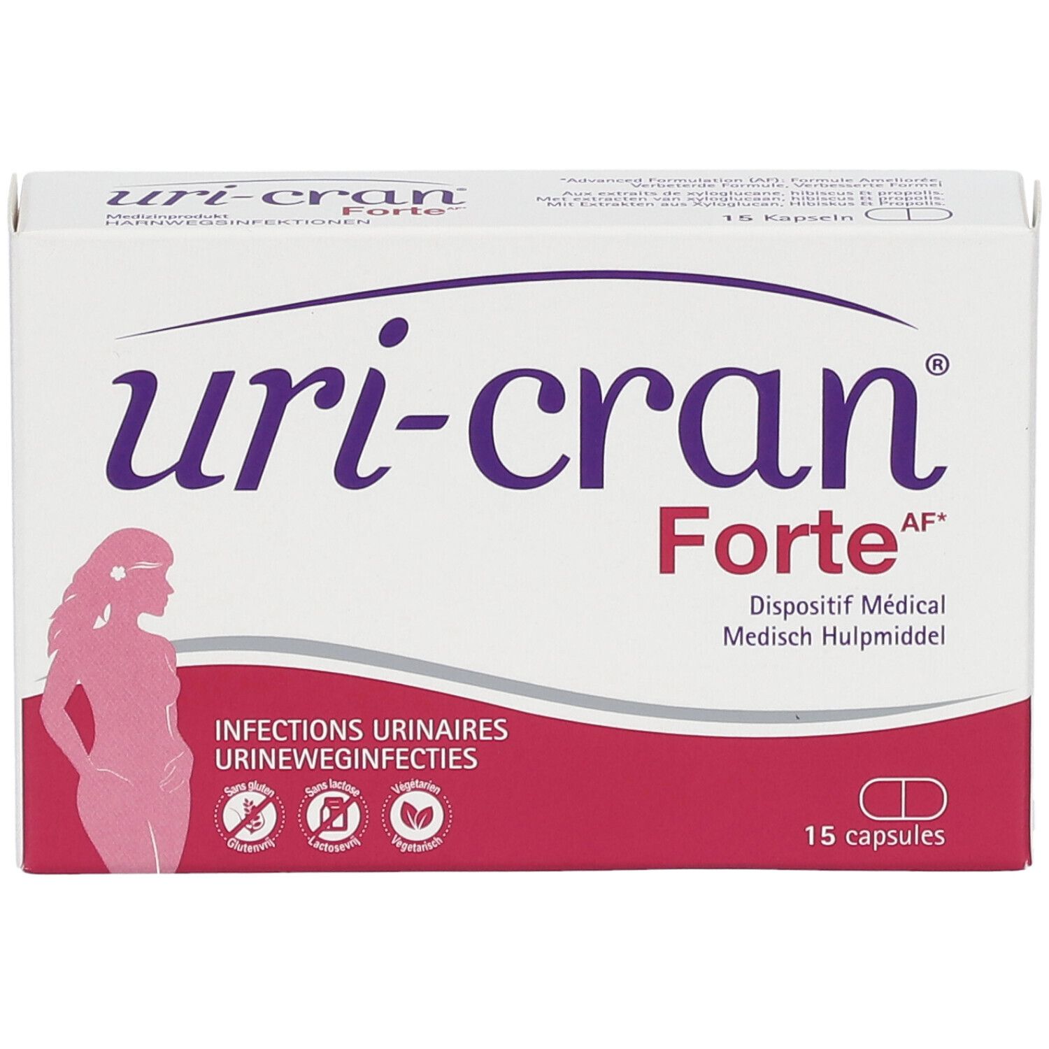 Boîte de Uri-Cran Forte. Blanche, accents violets et roses. Contient 15 capsules. Texte : Infections urinaires.