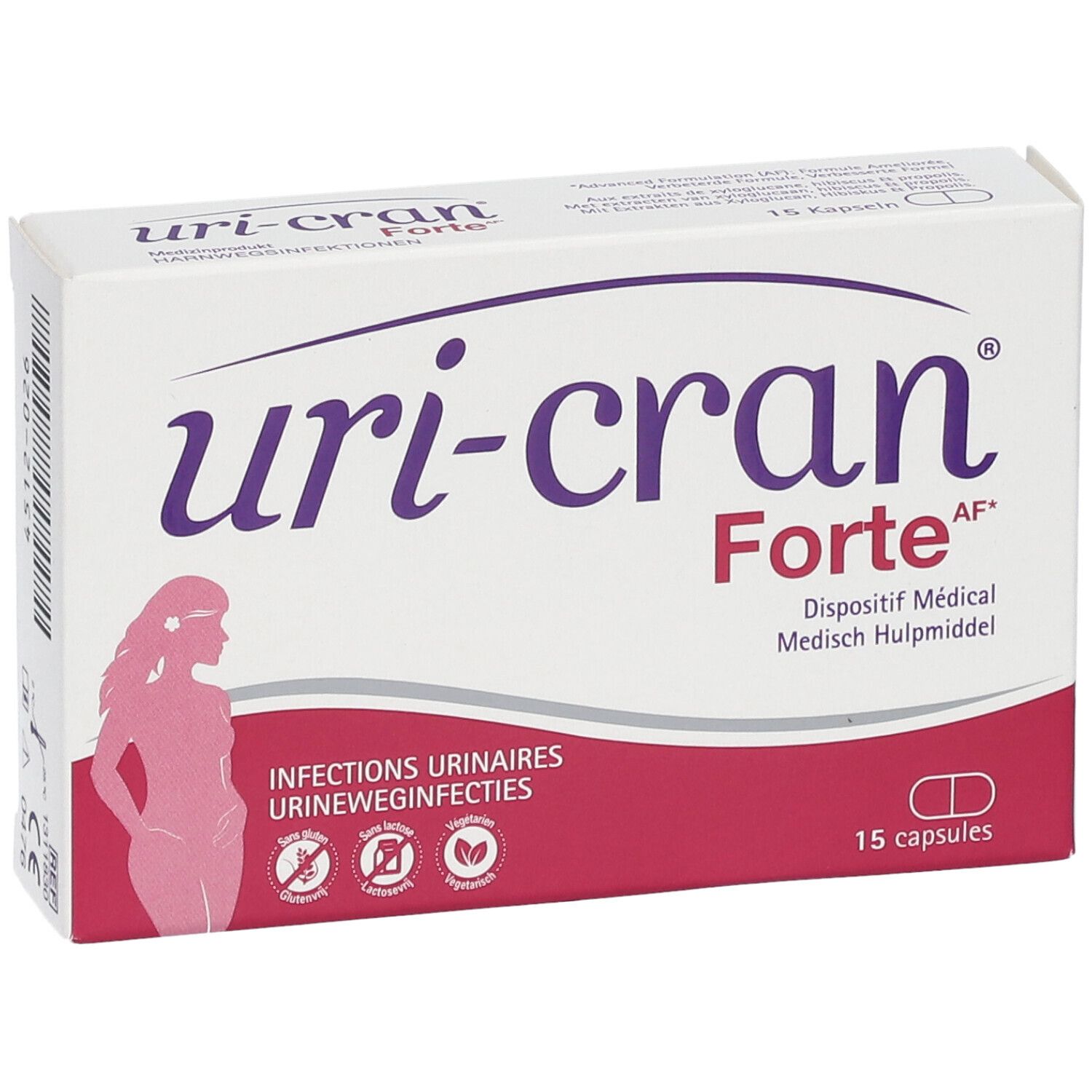Boîte de Uri-Cran Forte. Blanche, accents violets et roses. Contient 15 capsules. Texte : Infections urinaires.