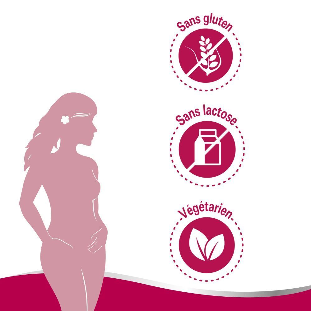 Graphique avec symboles : Sans gluten, Sans lactose, Végétarien. Silhouette d'une femme.