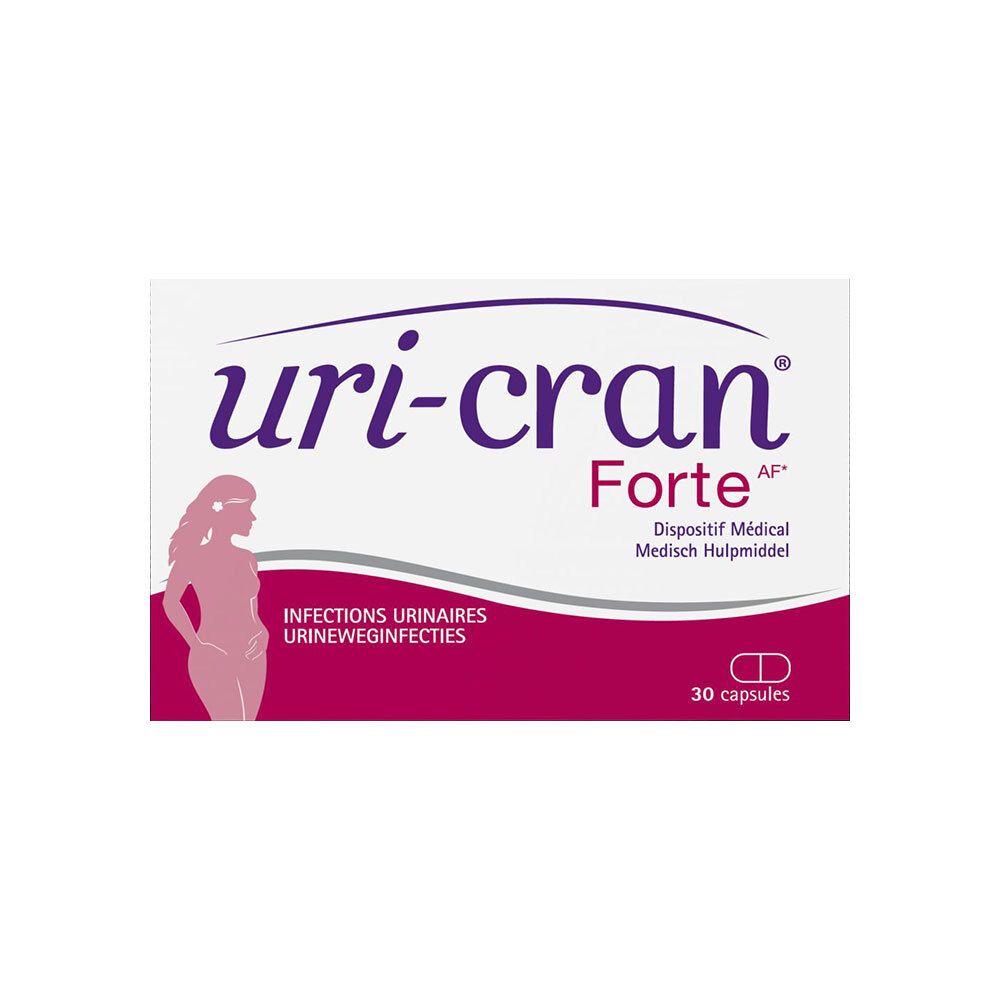 Verpakking van Uri-Cran Forte. Witte doos met productnaam en logo. 30 capsules.
