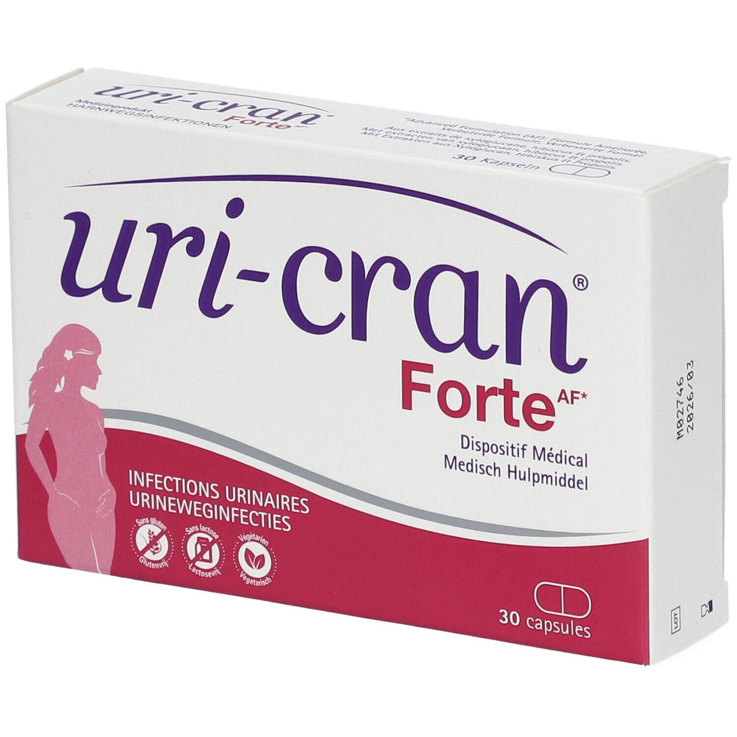 Verpakking van Uri-Cran Forte. Witte doos met productnaam en logo. 30 capsules.