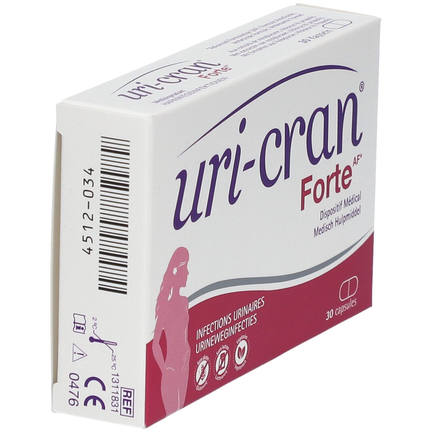 Verpakking van Uri-Cran Forte. Witte doos met productnaam en logo. 30 capsules.