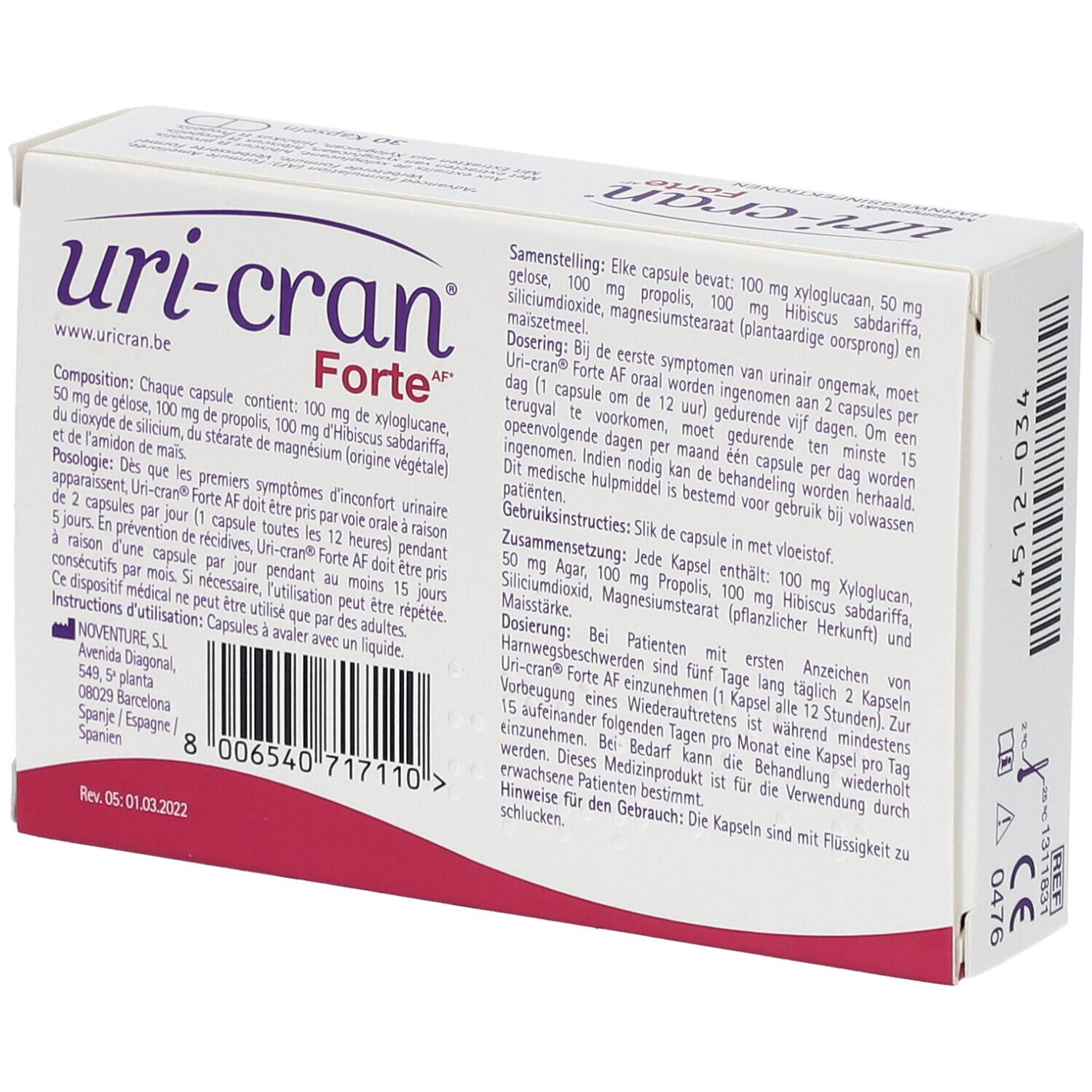 Achterkant van de Uri-Cran Forte verpakking. Tekst met ingrediënten en dosering.