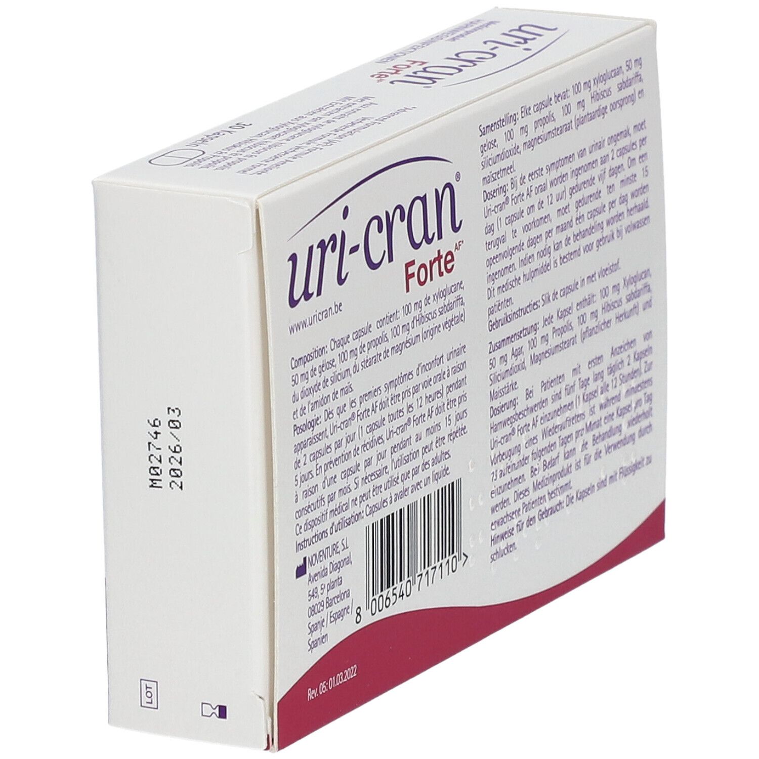 Achterkant van de Uri-Cran Forte verpakking. Tekst met ingrediënten en dosering.