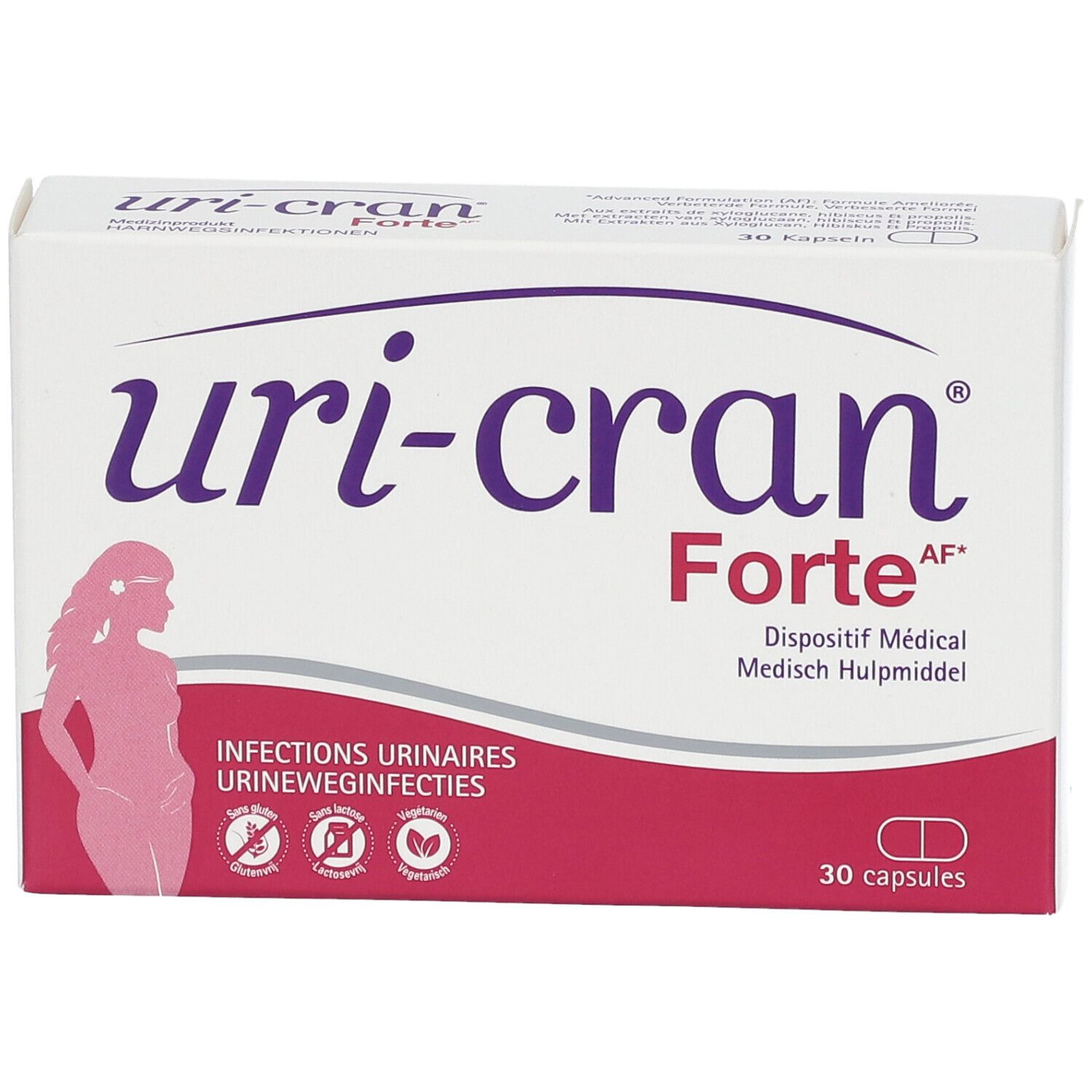 Verpakking van Uri-Cran Forte. Witte doos met productnaam en logo. 30 capsules.
