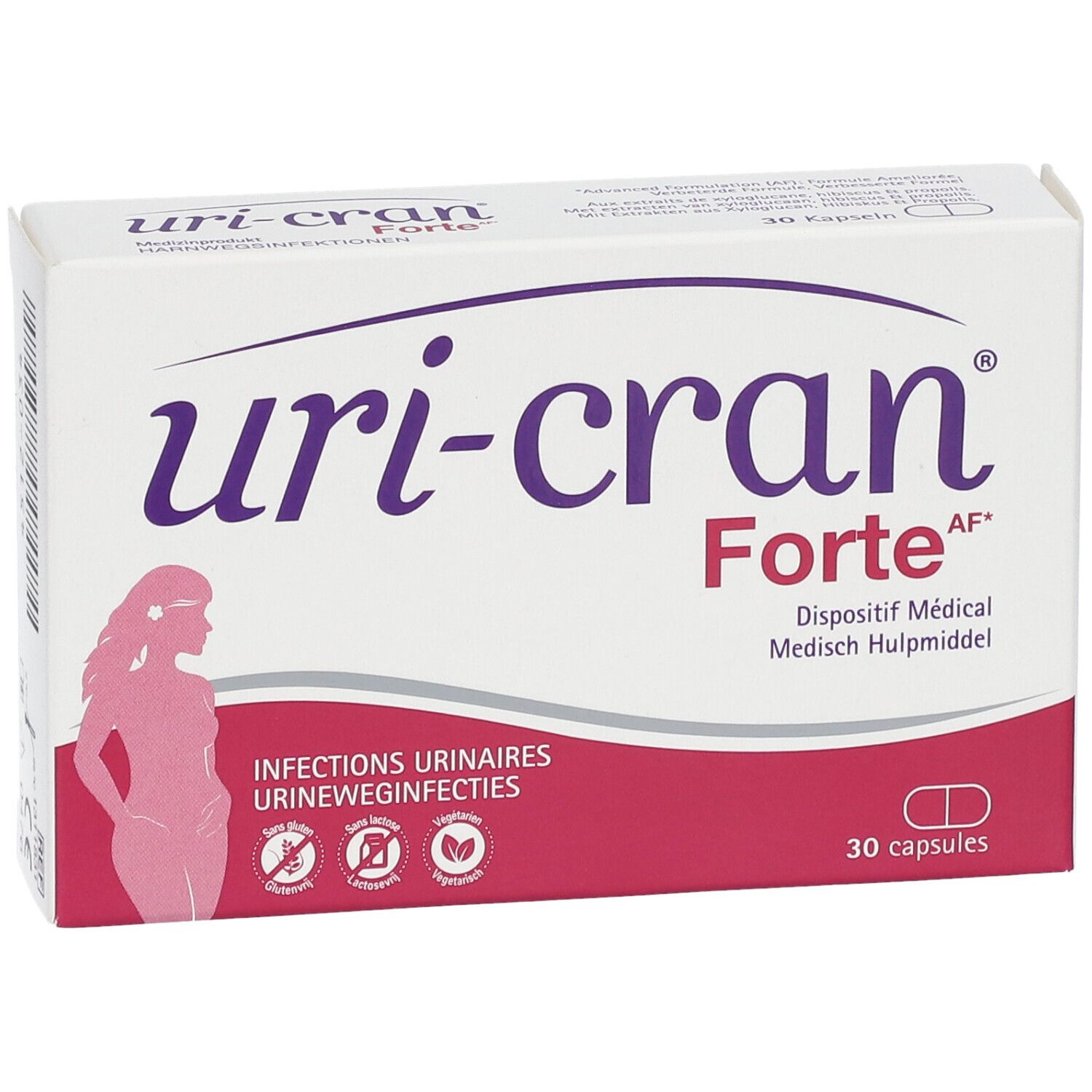 Verpakking van Uri-Cran Forte. Witte doos met productnaam en logo. 30 capsules.