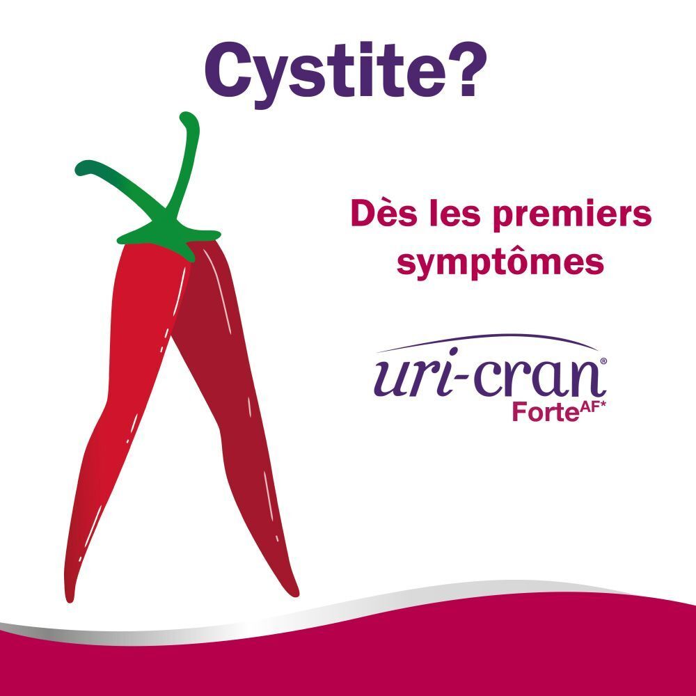 Afbeelding: Rode pepers met tekst Blaasontsteking? en Uri-Cran Forte logo.