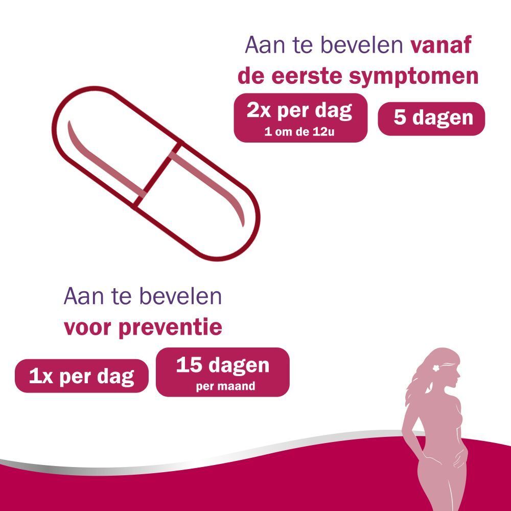 Capsule-illustratie met tekst. Aanbeveling: 2x per dag gedurende 5 dagen, 1x per dag gedurende 15 dagen.