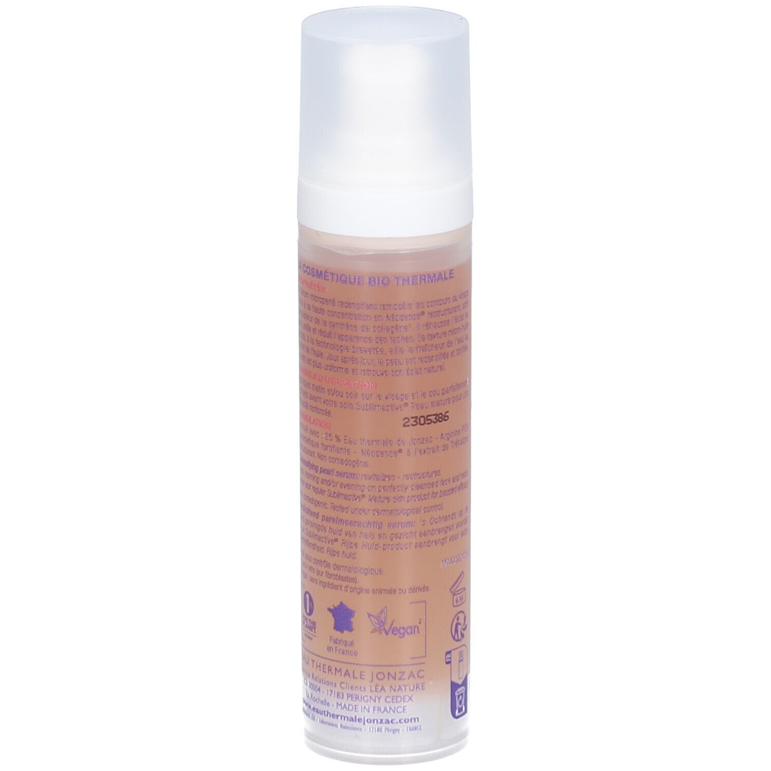 Jonzac Sublimactive Serum. Flasche mit Sprühkopf. Aufdrucke mit Produktinformationen. Vegan-Logo.